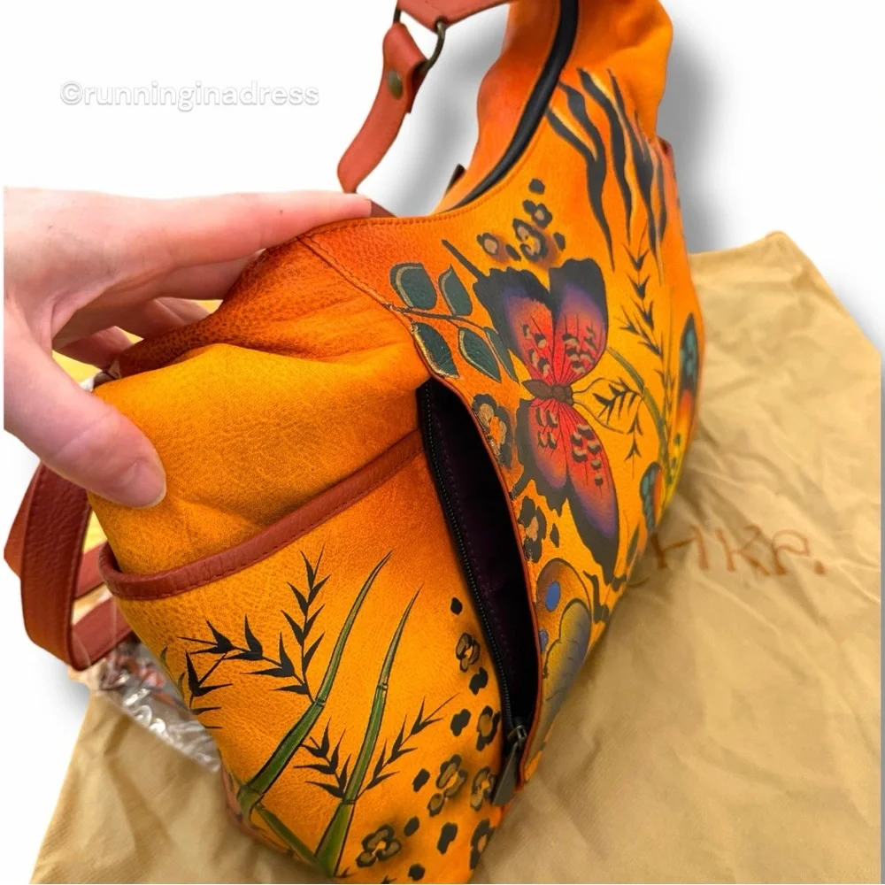 Anuschka Hand-Painted Leather Convertible Hobo Animal Butterfly Print Tangerine